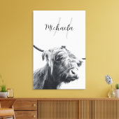 ハイランド牛ポートレートイニシャルモノグラム白黒 キャンバスプリント (インサイチュ (リビング))