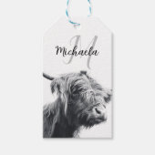 ハイランド牛ポートレートイニシャルモノグラム白黒 ギフトタグ (正面)