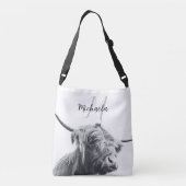 ハイランド牛ポートレートイニシャルモノグラム白黒 クロスボディバッグ (裏面)