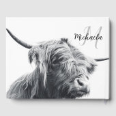 ハイランド牛ポートレートイニシャルモノグラム白黒 ゲストブック (裏面)