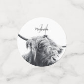 ハイランド牛ポートレートイニシャルモノグラム白黒 コンフェッティ (スモール正面)