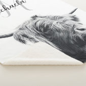 ハイランド牛ポートレートイニシャルモノグラム白黒 シェルパブランケット (3/4)