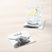 ハイランド牛ポートレートイニシャルモノグラム白黒 スクエアペーパーコースター (インサイチュ)