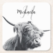ハイランド牛ポートレートイニシャルモノグラム白黒 スクエアペーパーコースター (正面)