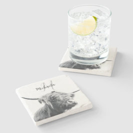 ハイランド牛ポートレートイニシャルモノグラム白黒 ストーンコースター