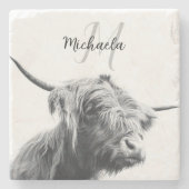 ハイランド牛ポートレートイニシャルモノグラム白黒 ストーンコースター (正面)