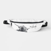 ハイランド牛ポートレートイニシャルモノグラム白黒 ファニーパック (正面)