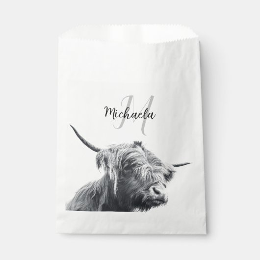 ハイランド牛ポートレートイニシャルモノグラム白黒 フェイバーバッグ (正面)