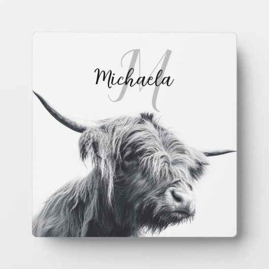 ハイランド牛ポートレートイニシャルモノグラム白黒 フォトプラーク (正面)
