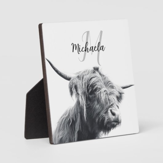 ハイランド牛ポートレートイニシャルモノグラム白黒 フォトプラーク (正面)
