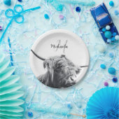 ハイランド牛ポートレートイニシャルモノグラム白黒 ペーパープレート (パーティー)