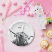 ハイランド牛ポートレートイニシャルモノグラム白黒 ペーパープレート (パーティー)