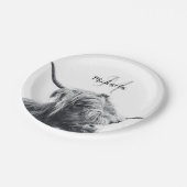 ハイランド牛ポートレートイニシャルモノグラム白黒 ペーパープレート (アングル)