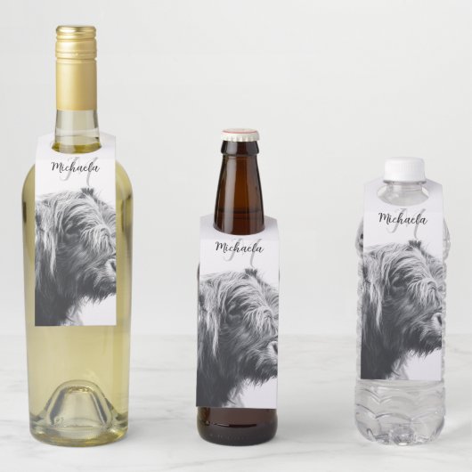 ハイランド牛ポートレートイニシャルモノグラム白黒 ボトルネックタグ (インサイチュ)