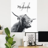 ハイランド牛ポートレートイニシャルモノグラム白黒 ポスター (ホームオフィス)