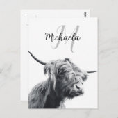 ハイランド牛ポートレートイニシャルモノグラム白黒 ポストカード (正面/裏面)