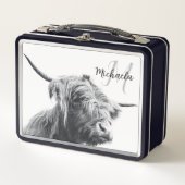 ハイランド牛ポートレートイニシャルモノグラム白黒 メタルランチボックス (正面)