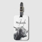 ハイランド牛ポートレートイニシャルモノグラム白黒 ラゲッジタグ (正面縦)