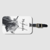 ハイランド牛ポートレートイニシャルモノグラム白黒 ラゲッジタグ (正面横)