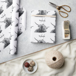 ハイランド牛ポートレートイニシャルモノグラム白黒 ラッピングペーパー