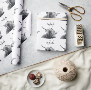 ハイランド牛ポートレートイニシャルモノグラム白黒 ラッピングペーパー