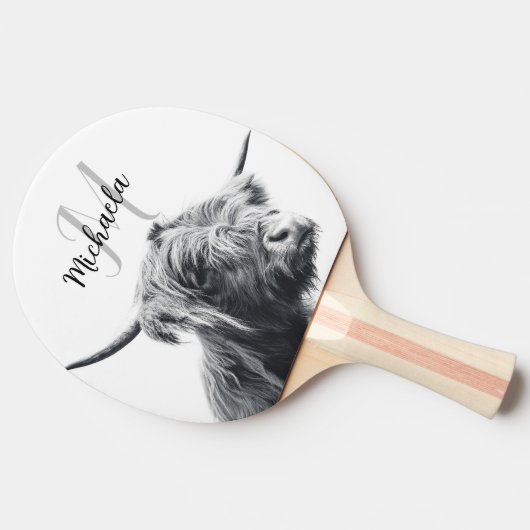ハイランド牛ポートレートイニシャルモノグラム白黒 卓球ラケット (横)