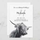 ハイランド牛ポートレートイニシャルモノグラム白黒 招待状 (正面/裏面)