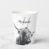 ハイランド牛ポートレートイニシャルモノグラム白黒 紙コップ (裏面)