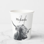 ハイランド牛ポートレートイニシャルモノグラム白黒 紙コップ (正面)