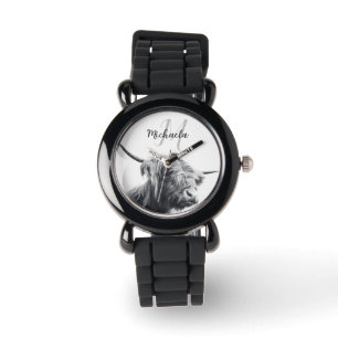 ハイランド牛ポートレートイニシャルモノグラム白黒 腕時計