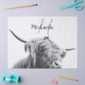 ハイランド牛ポートレートイニシャルモノグラム白黒 薄葉紙 (クラフト)