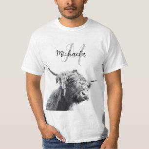 ハイランド牛ポートレートイニシャルモノグラム白黒 Tシャツ