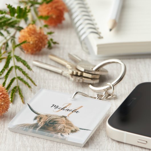 ハイランド牛ポートレート名前をカスタムするイニシャルモノグラム キーホルダー (正面右)