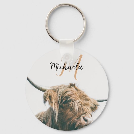 ハイランド牛ポートレート名前をカスタムするイニシャルモノグラム キーホルダー (正面)