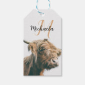 ハイランド牛ポートレート名前をカスタムするイニシャルモノグラム ギフトタグ (正面)
