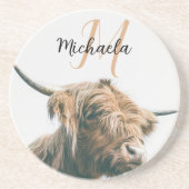 ハイランド牛ポートレート名前をカスタムするイニシャルモノグラム コースター (正面)