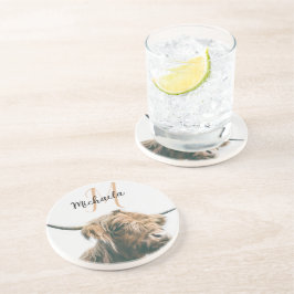 ハイランド牛ポートレート名前をカスタムするイニシャルモノグラム コースター