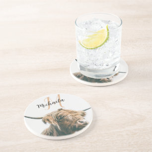 ハイランド牛ポートレート名前をカスタムするイニシャルモノグラム コースター