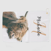 ハイランド牛ポートレート名前をカスタムするイニシャルモノグラム ゴルフタオル (横)