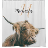 ハイランド牛ポートレート名前をカスタムするイニシャルモノグラム シャワーカーテン (正面)