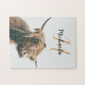 ハイランド牛ポートレート名前をカスタムするイニシャルモノグラム ジグソーパズル (横)