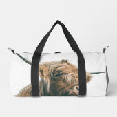 ハイランド牛ポートレート名前をカスタムするイニシャルモノグラム ダッフルバッグ (正面)
