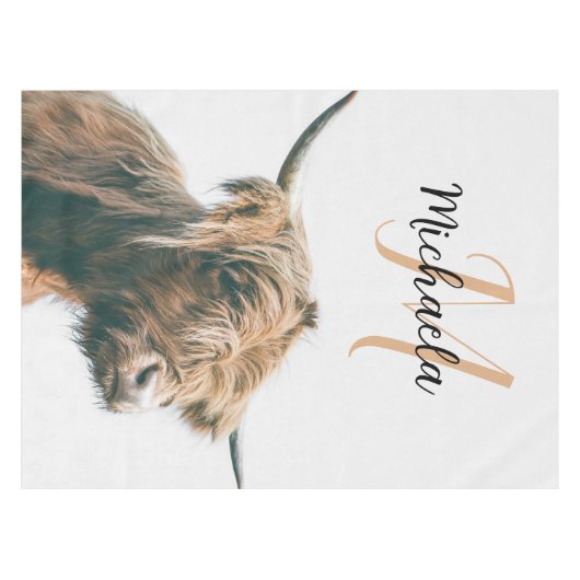 ハイランド牛ポートレート名前をカスタムするイニシャルモノグラム テーブルクロス (正面(横))