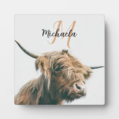ハイランド牛ポートレート名前をカスタムするイニシャルモノグラム フォトプラーク (正面)