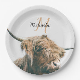 ハイランド牛ポートレート名前をカスタムするイニシャルモノグラム ペーパープレート