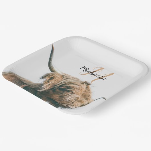 ハイランド牛ポートレート名前をカスタムするイニシャルモノグラム ペーパープレート (傾斜あり)