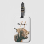 ハイランド牛ポートレート名前をカスタムするイニシャルモノグラム ラゲッジタグ (正面縦)