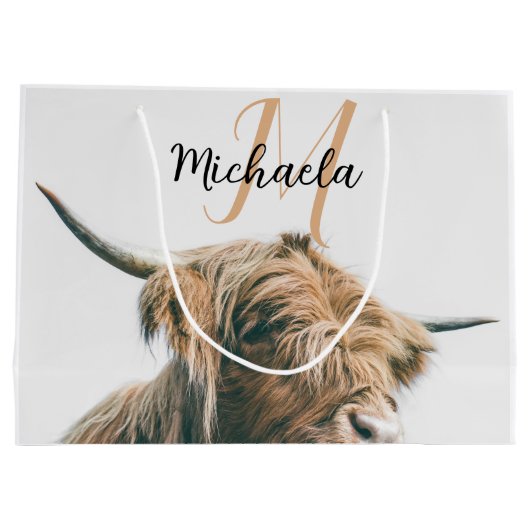 ハイランド牛ポートレート名前をカスタムするイニシャルモノグラム ラージペーパーバッグ (裏面)