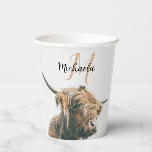 ハイランド牛ポートレート名前をカスタムするイニシャルモノグラム 紙コップ (裏面)