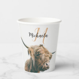 ハイランド牛ポートレート名前をカスタムするイニシャルモノグラム 紙コップ